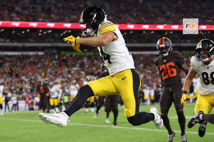 Oct 1, 2026; Cleveland, Ohio, USA;  Pittsburgh Steelers wide receiver Roman Wilson (14) scores a touchdown against the Cleveland Browns in the first half at Huntington Bank Field.  Credit: Scott Galvin-Imagn Images