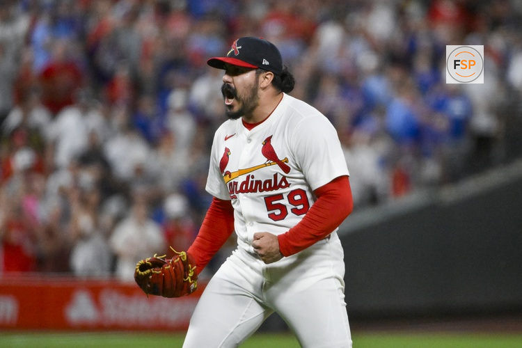 Aug 10, 2025; St. Louis, Missouri, USA;  St. Louis Cardinals relief pitcher JoJo Romero (59) reacts after the Cardinals defeated the Chicago Cubs at Busch Stadium. Credit: Jeff Curry-Imagn Images