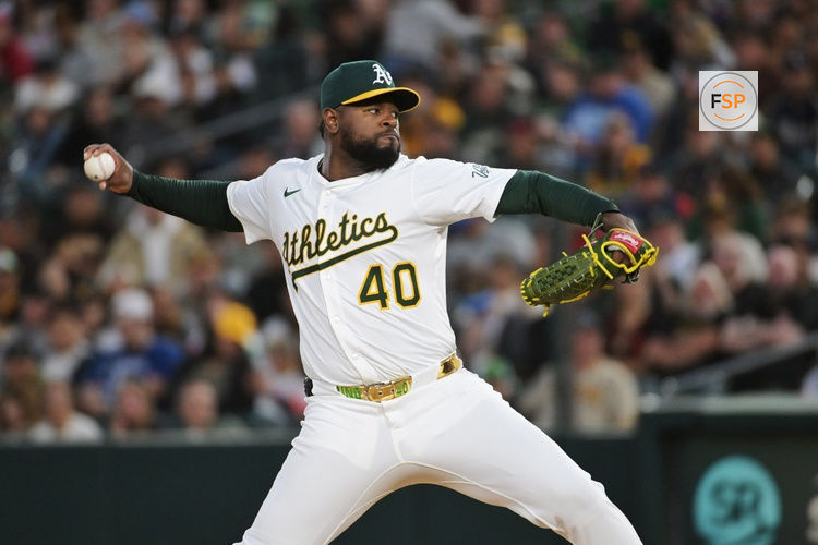 Apr 7, 2025; West Sacramento, California, USA; Athletics pitcher Luis Severino (40) throws a pitch against the San Diego Padres during the second inning at Sutter Health Park. Credit: Ed Szczepanski-Imagn Images