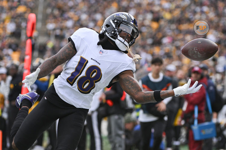 Nov 17, 2024; Pittsburgh, Pennsylvania, USA; Baltimore Ravens wide receiver Diontae Johnson (18) reaches for an incomplete pass against the Pittsburgh Steelers during the first quarter at Acrisure Stadium. Credit: Barry Reeger-Imagn Images