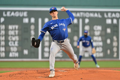 Apr 8, 2025; Boston, Massachusetts, USA; Toronto Blue Jays starting pitcher Easton Lucas (62) pitches against the Boston Red Sox during the first inning at Fenway Park. Mandatory Credit: Eric Canha-Imagn Images