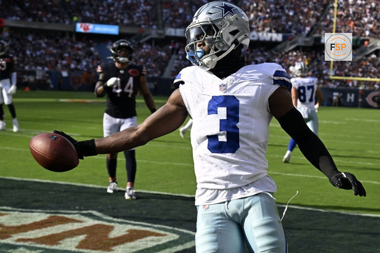 Sep 21, 2025; Chicago, Illinois, USA; Dallas Cowboys wide receiver George Pickens (3) reacts after scoring a touchdown against the Chicago Bears during the first half at Soldier Field. Credit: Matt Marton-Imagn Images
