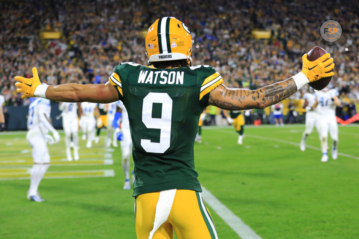 GREEN BAY, WI - SEPTEMBER 28:  Green Bay Packers wide receiver Christian Watson (9) celebrates his touchdown during a game between the Green Bay Packers and the Detroit Lions on September 28, 2023 at Lambeau Field in Green Bay, WI. (Photo by Larry Radloff/Icon Sportswire)