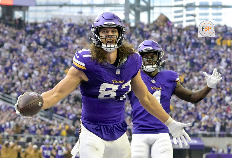 MINNEAPOLIS, MN - NOVEMBER 12: Minnesota Vikings tight end T.J. Hockenson (87) celebrates his 28-yard touchdown reception during the second quarter of an NFL game between the Minnesota Vikings and New Orleans Saints on November 12, 2023, at U.S. Bank Stadium in Minneapolis, MN. (Photo by Nick Wosika/Icon Sportswire)