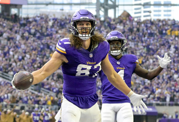 MINNEAPOLIS, MN - NOVEMBER 12: Minnesota Vikings tight end T.J. Hockenson (87) celebrates his 28-yard touchdown reception during the second quarter of an NFL game between the Minnesota Vikings and New Orleans Saints on November 12, 2023, at U.S. Bank Stadium in Minneapolis, MN. (Photo by Nick Wosika/Icon Sportswire)