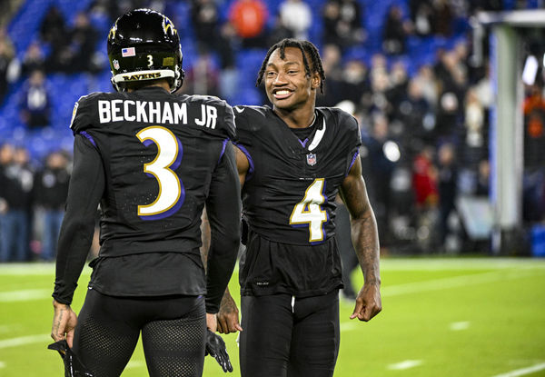 BALTIMORE, MD - NOVEMBER 16:  Baltimore Ravens wide receiver Zay Flowers (4) shares a laugh with wide receiver Odell Beckham Jr. (3) prior to the Cincinnati Bengals game versus the Baltimore Ravens on November 16, 2023 at M&T Bank Stadium in Baltimore, MD.  (Photo by Mark Goldman/Icon Sportswire)