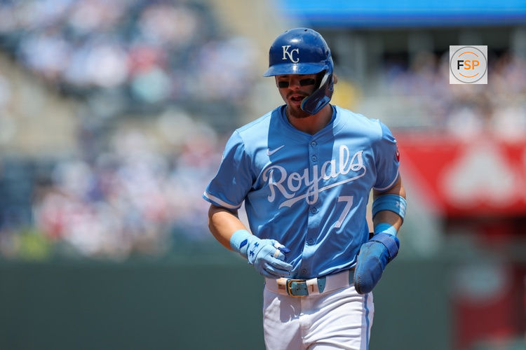 KANSAS CITY, MO - JULY 21: Kansas City Royals shortstop Bobby Witt Jr. (7) heads to the dugout after being tagged out during the game against the Chicago White Sox on July 21st, 2024 at Kauffman Stadium in Kansas City, Missouri. (Photo by William Purnell/Icon Sportswire)