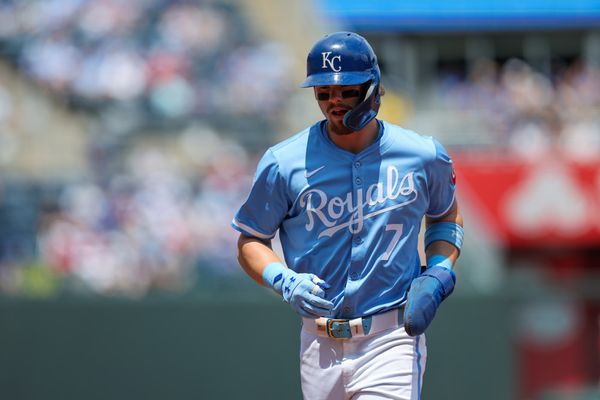 KANSAS CITY, MO - JULY 21: Kansas City Royals shortstop Bobby Witt Jr. (7) heads to the dugout after being tagged out during the game against the Chicago White Sox on July 21st, 2024 at Kauffman Stadium in Kansas City, Missouri. (Photo by William Purnell/Icon Sportswire)