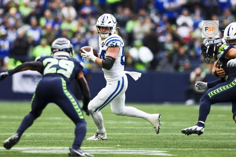 Dec 14, 2025; Seattle, Washington, USA; Indianapolis Colts tight end Tyler Warren (84) catches a pass against the Seattle Seahawks during the second quarter at Lumen Field. Credit: Kevin Ng-Imagn Images