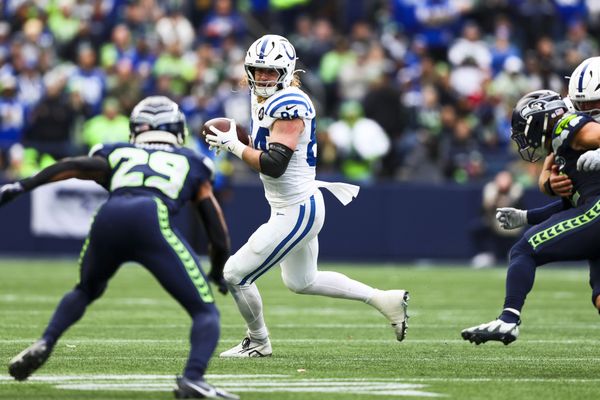Dec 14, 2025; Seattle, Washington, USA; Indianapolis Colts tight end Tyler Warren (84) catches a pass against the Seattle Seahawks during the second quarter at Lumen Field. Mandatory Credit: Kevin Ng-Imagn Images