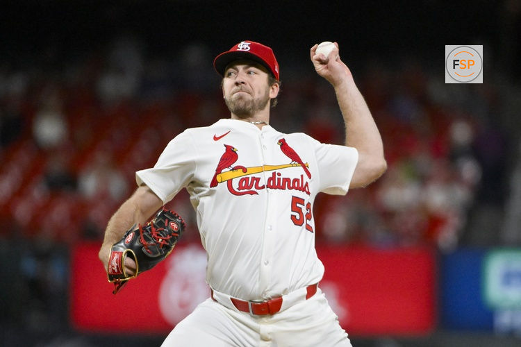May 6, 2025; St. Louis, Missouri, USA;  St. Louis Cardinals starting pitcher Matthew Liberatore (52) pitches against the Pittsburgh Pirates during the seventh inning at Busch Stadium. Credit: Jeff Curry-Imagn Images