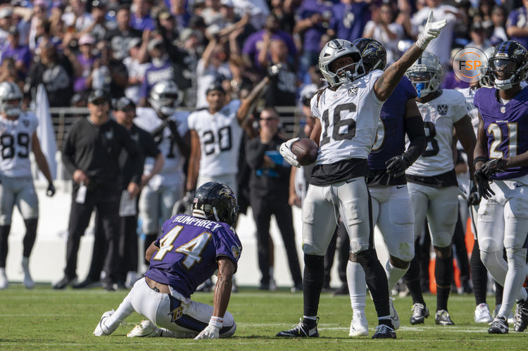 Sep 15, 2024; Baltimore, Maryland, USA;  Las Vegas Raiders wide receiver Jakobi Meyers (16) reacts afgtetr making a first down during the second half against the Baltimore Ravens at M&T Bank Stadium. Credit: Tommy Gilligan-Imagn Images