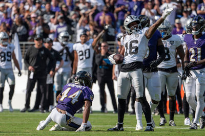 Sep 15, 2024; Baltimore, Maryland, USA;  Las Vegas Raiders wide receiver Jakobi Meyers (16) reacts afgtetr making a first down during the second half against the Baltimore Ravens at M&T Bank Stadium. Mandatory Credit: Tommy Gilligan-Imagn Images