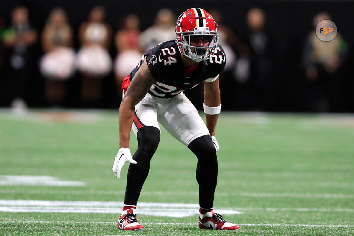 ATLANTA, GA - OCTOBER 15: Atlanta Falcons cornerback A.J. Terrell (24) during the week 6 NFL game between the Atlanta Falcons and the Washington Commanders on October 15, 2023 at Mercedes-Benz Stadium in Atlanta, Georgia.  (Photo by David J. Griffin/Icon Sportswire)