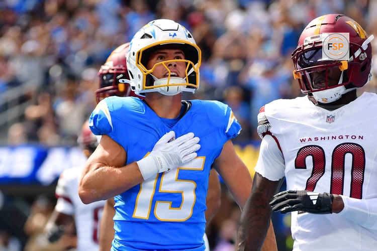 Oct 5, 2025; Inglewood, California, USA; Los Angeles Chargers wide receiver Ladd McConkey (15) celebrates after scoring a touchdown against the Washington Commanders in the first quarter at SoFi Stadium. Credit: Gary A. Vasquez-Imagn Images