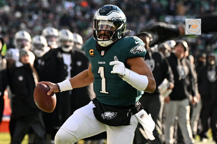 Dec 14, 2025; Philadelphia, Pennsylvania, USA; Philadelphia Eagles quarterback Jalen Hurts (1) runs the ball during the second quarter against the Las Vegas Raiders at Lincoln Financial Field. Credit: Eric Hartline-Imagn Images