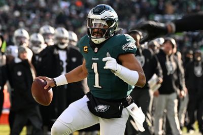 Dec 14, 2025; Philadelphia, Pennsylvania, USA; Philadelphia Eagles quarterback Jalen Hurts (1) runs the ball during the second quarter against the Las Vegas Raiders at Lincoln Financial Field. Mandatory Credit: Eric Hartline-Imagn Images