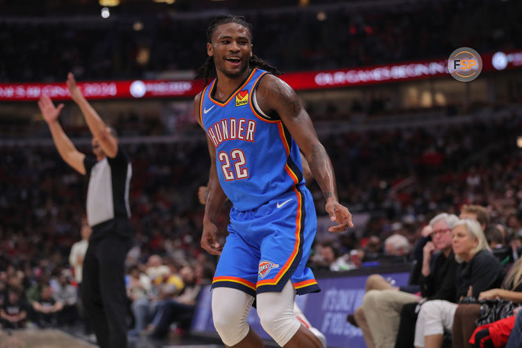 CHICAGO, IL - OCTOBER 25: Oklahoma City Thunder guard Cason Wallace (22) looks on after making a 3-point basket during a NBA game between the Oklahoma City Thunder and the Chicago Bulls on October 25, 2023 at the United Center in Chicago, IL. (Photo by Melissa Tamez/Icon Sportswire)