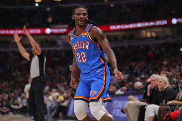 CHICAGO, IL - OCTOBER 25: Oklahoma City Thunder guard Cason Wallace (22) looks on after making a 3-point basket during a NBA game between the Oklahoma City Thunder and the Chicago Bulls on October 25, 2023 at the United Center in Chicago, IL. (Photo by Melissa Tamez/Icon Sportswire)