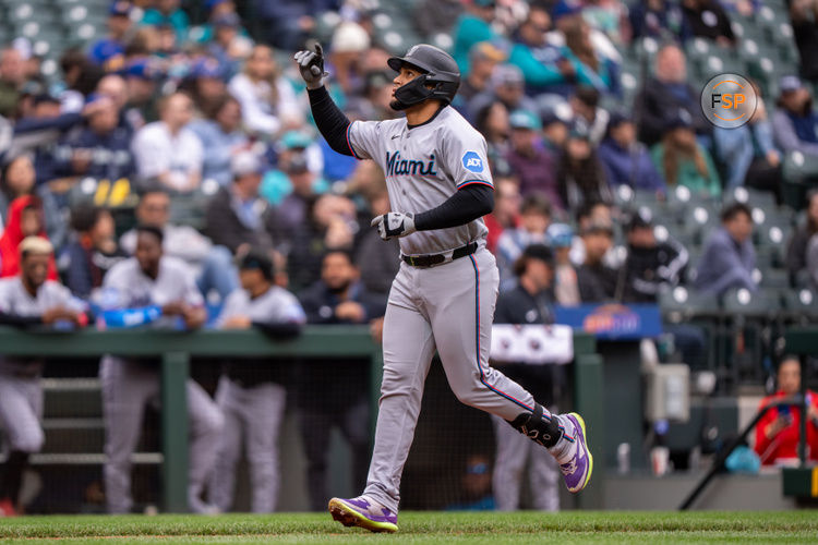 Apr 27, 2025; Seattle, Washington, USA;  Miami Marlins designated hitter Agustin Ramirez (50) celebrates while rounding the bases after hitting a solo home run during the sixth inning against the Seattle Mariners at Lumen Field. Credit: Stephen Brashear-Imagn Images