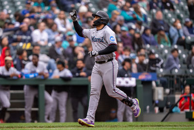 Apr 27, 2025; Seattle, Washington, USA;  Miami Marlins designated hitter Agustin Ramirez (50) celebrates while rounding the bases after hitting a solo home run during the sixth inning against the Seattle Mariners at Lumen Field. Mandatory Credit: Stephen Brashear-Imagn Images
