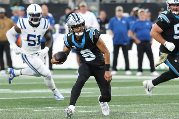 CHARLOTTE, NC - NOVEMBER 05: Carolina Panthers quarterback Bryce Young (9) during a NFL football game between the Indianapolis Colts and the Carolina Panthers on November 5, 2023 at Bank of America Stadium in Charlotte, N.C. (Photo by John Byrum/Icon Sportswire)