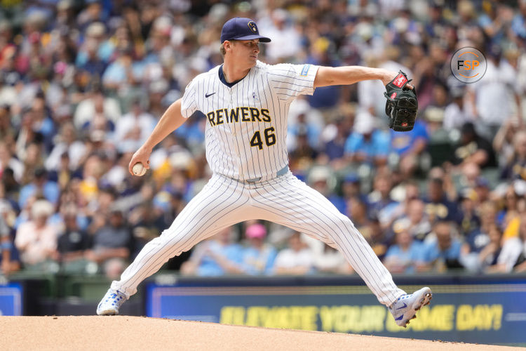 Jun 15, 2025; Milwaukee, Wisconsin, USA;  Milwaukee Brewers pitcher Quinn Priester (46) throws a pitch during the first inning against the St. Louis Cardinals at American Family Field. Credit: Jeff Hanisch-Imagn Images