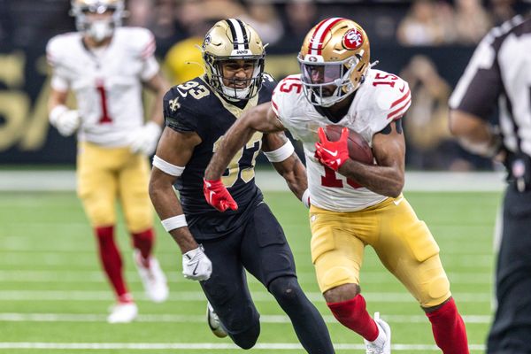 Sep 14, 2025; New Orleans, Louisiana, USA;  San Francisco 49ers wide receiver Jauan Jennings (15) runs after a catch against New Orleans Saints safety Jonas Sanker (33) during the first half at Caesars Superdome. Mandatory Credit: Stephen Lew-Imagn Images