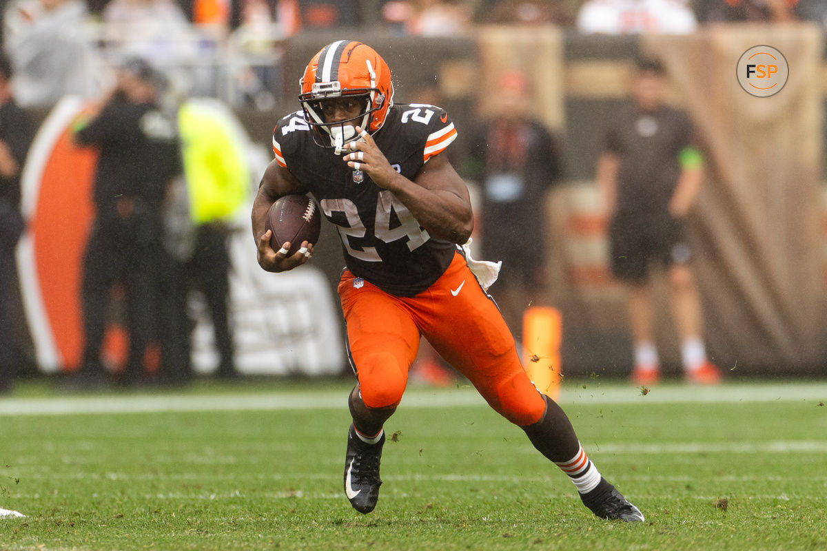 Sep 10, 2023; Cleveland, Ohio, USA; Cleveland Browns running back Nick Chubb (24) runs the ball against the Cincinnati Bengals during the third quarter at Cleveland Browns Stadium. Credit: Scott Galvin-USA TODAY Sports