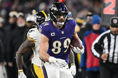 Jan 11, 2025; Baltimore, Maryland, USA; Baltimore Ravens tight end Mark Andrews (89) against Pittsburgh Steelers linebacker Patrick Queen (6) in the second quarter in an AFC wild card game at M&T Bank Stadium. Mandatory Credit: Tommy Gilligan-Imagn Images