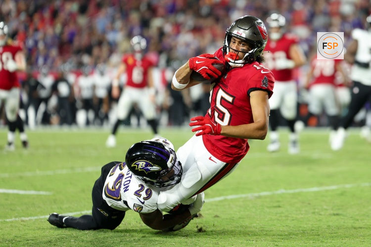 Oct 21, 2024; Tampa, Florida, USA; Tampa Bay Buccaneers wide receiver Jalen McMillan (15) is tackled by Baltimore Ravens safety Ar'Darius Washington (29) in the fourth quarter at Raymond James Stadium. Credit: Nathan Ray Seebeck-Imagn Images