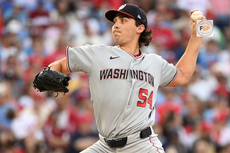 Aug 3, 2026; Philadelphia, Pennsylvania, USA; Washington Nationals starting pitcher Andrew Alvarez (54) throws a pitch during the second inning against the Philadelphia Phillies at Citizens Bank Park. Credit: Eric Hartline-Imagn Images