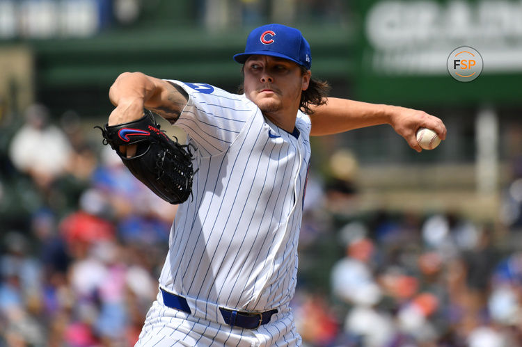 Aug 22, 2024; Chicago, Illinois, USA; Chicago Cubs starting pitcher Justin Steele (35) pitches during the first inning against the Detroit Tigers at Wrigley Field. Credit: Patrick Gorski-USA TODAY Sports