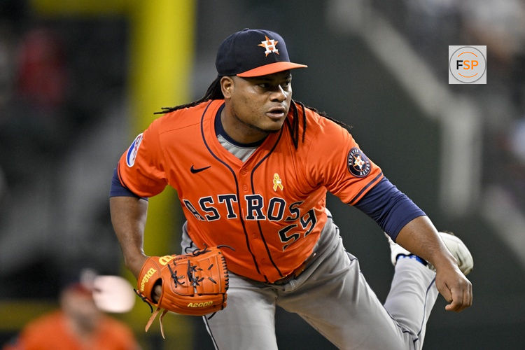 Sep 7, 2025; Arlington, Texas, USA; Houston Astros starting pitcher Framber Valdez (59) pitches against the Texas Rangers during the first inning at Globe Life Field. Credit: Jerome Miron-Imagn Images