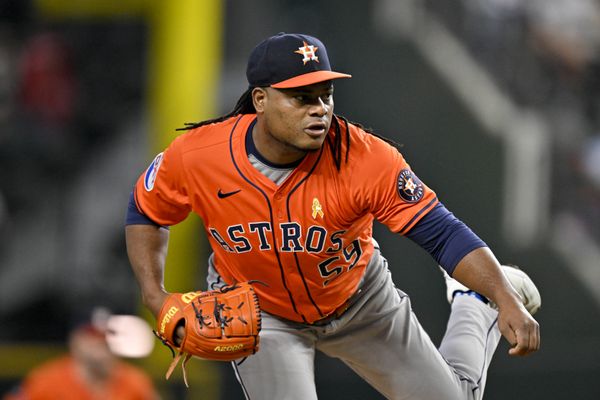 Sep 7, 2025; Arlington, Texas, USA; Houston Astros starting pitcher Framber Valdez (59) pitches against the Texas Rangers during the first inning at Globe Life Field. Mandatory Credit: Jerome Miron-Imagn Images
