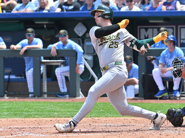 KANSAS CITY, MO - MAY 19: Oakland Athletics left fielder Brent Rooker (25 singles in the fourth inning oduring a MLB game between the Oakland Athletics and the Kansas City Royals on May 19, 2024, at Kauffman Stadium, Kansas City, MO.  (Photo by Keith Gillett/Icon Sportswire)