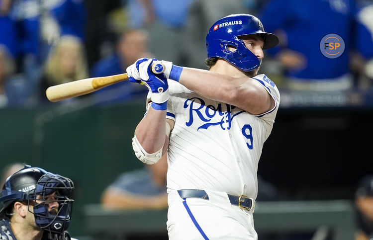 Oct 9, 2024; Kansas City, Missouri, USA; Kansas City Royals first base Vinnie Pasquantino (9) bats during the eighth inning against the New York Yankees in game three of the ALDS for the 2024 MLB Playoffs at Kauffman Stadium. Credit: Jay Biggerstaff-Imagn Images