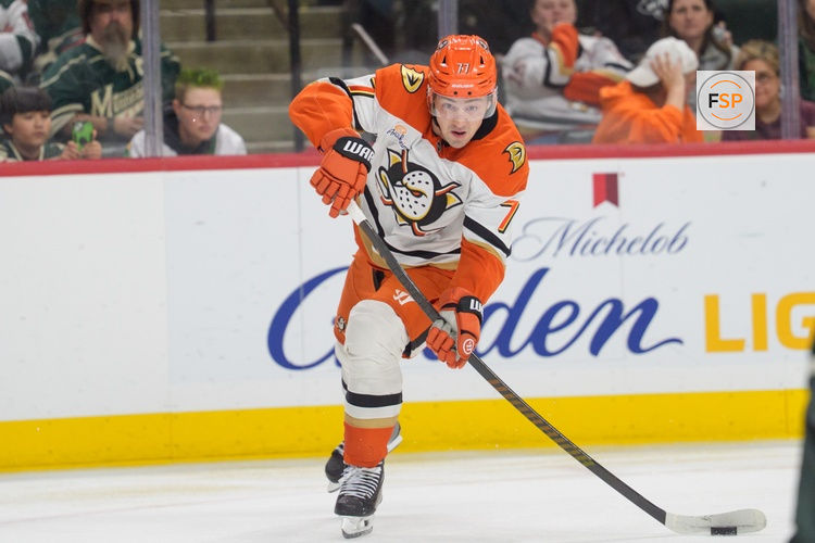 Apr 14, 2026; Saint Paul, Minnesota, USA; Anaheim Ducks defenseman Radko Gudas (7) shoots against the Minnesota Wild in the third period at Grand Casino Arena. Credit: Matt Blewett-Imagn Images