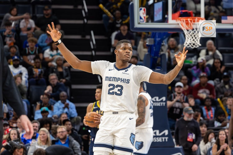 Oct 25, 2025; Memphis, Tennessee, USA; Memphis Grizzlies forward Cedric Coward (23) reacts after a three point basket against the Indiana Pacers during the second half at FedExForum. Credit: Wesley Hale-Imagn Images