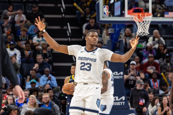 Oct 25, 2025; Memphis, Tennessee, USA; Memphis Grizzlies forward Cedric Coward (23) reacts after a three point basket against the Indiana Pacers during the second half at FedExForum. Mandatory Credit: Wesley Hale-Imagn Images