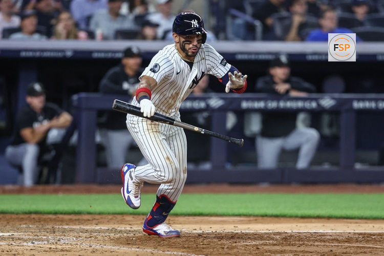 Jun 17, 2026; Bronx, New York, USA;  New York Yankees left fielder José Caballero (72) hits a two-run single in the fifth inning against the Chicago White Sox at Yankee Stadium. Credit: Wendell Cruz-Imagn Images