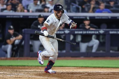Jun 17, 2026; Bronx, New York, USA;  New York Yankees left fielder José Caballero (72) hits a two-run single in the fifth inning against the Chicago White Sox at Yankee Stadium. Mandatory Credit: Wendell Cruz-Imagn Images