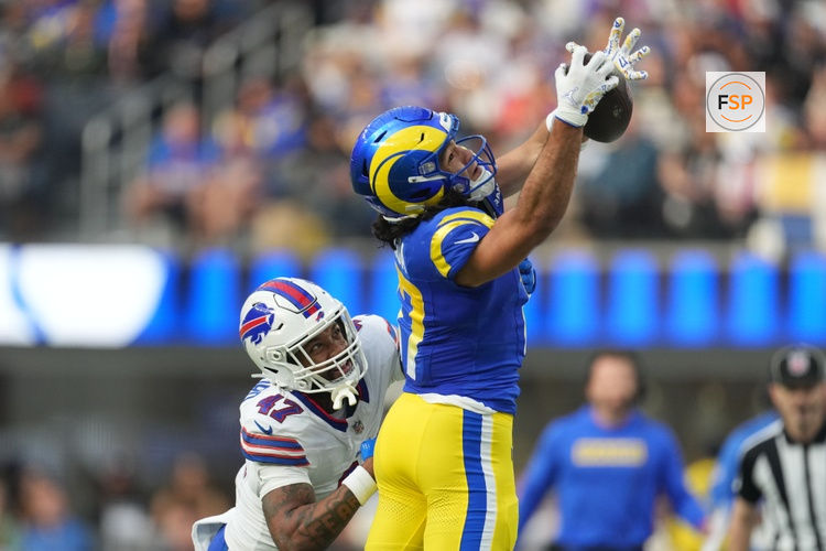 Dec 8, 2024; Inglewood, California, USA; Los Angeles Rams wide receiver Puka Nacua (17) catches the ball against Buffalo Bills cornerback Christian Benford (47) in the first half at SoFi Stadium. Credit: Kirby Lee-Imagn Images