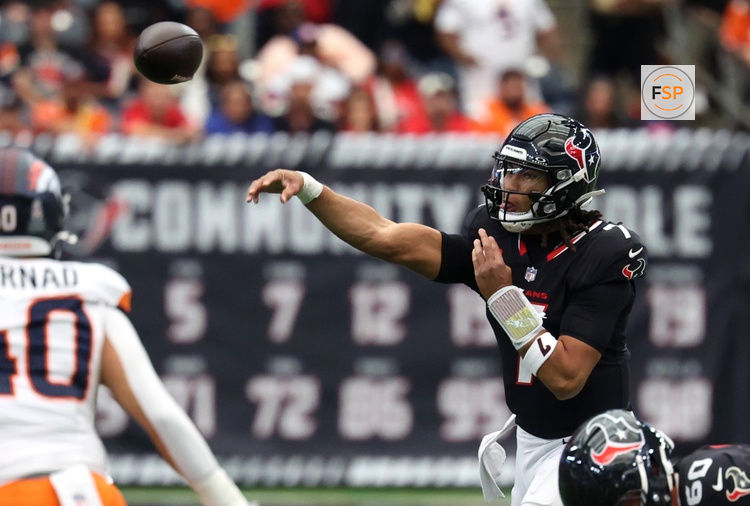 Nov 2, 2025; Houston, Texas, USA; Houston Texans quarterback C.J. Stroud (7) throws during the first half against the Denver Broncos at NRG Stadium. Credit: Thomas Shea-Imagn Images