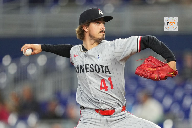Jul 1, 2025; Miami, Florida, USA;  Minnesota Twins pitcher Joe Ryan (41) pitches in the first inning against the Miami Marlins at loanDepot Park. Credit: Jim Rassol-Imagn Images