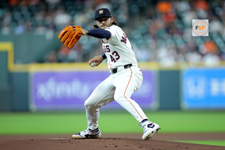 May 22, 2025; Houston, Texas, USA; Houston Astros starting pitcher Lance McCullers Jr. (43) delivers a pitch against the Seattle Mariners during the first inning at Daikin Park. Credit: Erik Williams-Imagn Images
