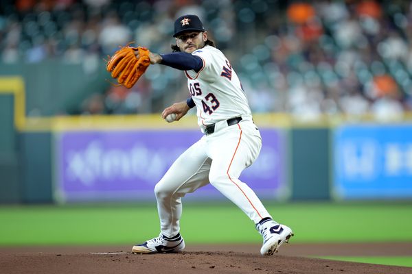 May 22, 2025; Houston, Texas, USA; Houston Astros starting pitcher Lance McCullers Jr. (43) delivers a pitch against the Seattle Mariners during the first inning at Daikin Park. Mandatory Credit: Erik Williams-Imagn Images