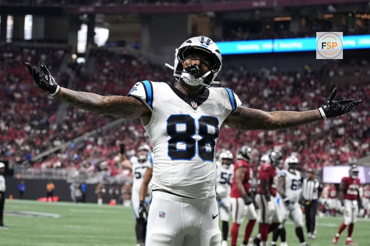 Sep 20, 2026; Atlanta, Georgia, USA;  Carolina Panthers tight end Darren Waller (88) celebrates after scoring a touchdown during the third quarter against the Atlanta Falcons at Mercedes-Benz Stadium.  Credit: Dale Zanine-Imagn Images