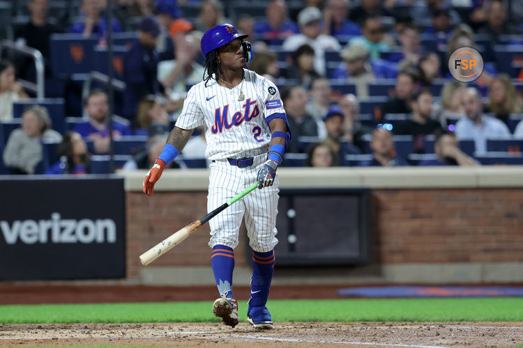 Sep 18, 2024; New York City, New York, USA; New York Mets shortstop Luisangel Acuna (2) reacts after striking out during the third inning against the Washington Nationals at Citi Field. Credit: Brad Penner-Imagn Images