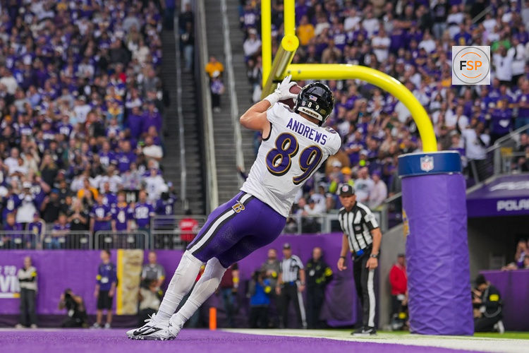 Nov 9, 2025; Minneapolis, Minnesota, USA; Baltimore Ravens tight end Mark Andrews (89) catches a pass for a touchdown against the Minnesota Vikings in the third quarter at U.S. Bank Stadium. Credit: Brad Rempel-Imagn Images